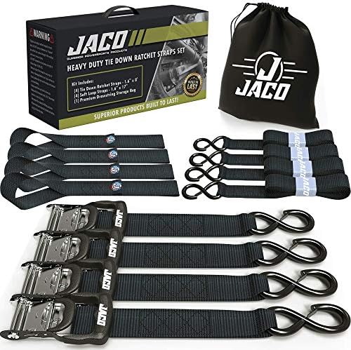 Jaco Heavy Duty Ratchet tiras - 1,6 em x 8 pés | Kit de amarrar com loops macios - 5.208 lbs