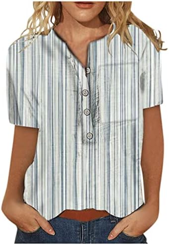Moda Henley Shirts for Women Casual listrado Camiseta de manga curta 2023 Blouses soltos de verão com bolso
