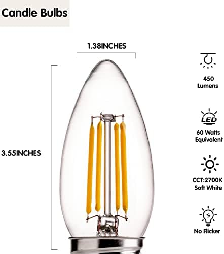 Mvleriud liderou a lâmpada de vela 60W, equivalente, bulbo de lustres e26, 450lm, 2700k branco macio, 6 pacote de 6
