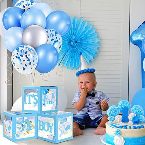 Honoson 53 PCs Tema elefante Decoração do chá de bebê Blue Elephant Boy Baby Balloon Boxes com letra LED LUZES BALOLON