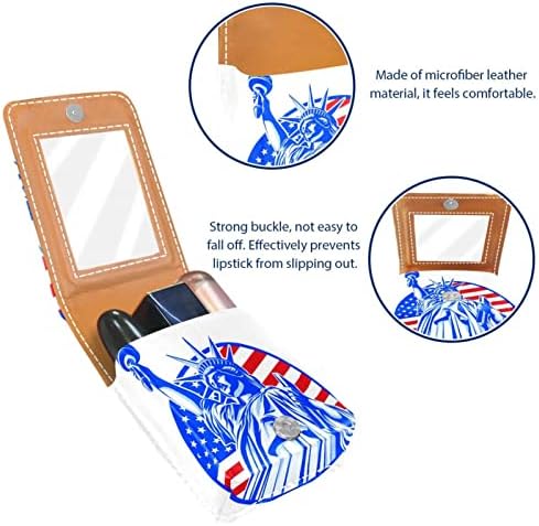 Mini Lipstick Case estátua da liberdade com o organizador de batom de bandeira dos EUA com espelho, fechamento de botão, porta -voz
