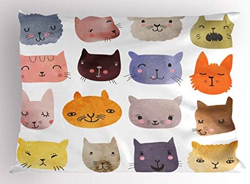 AMBESONNE CAT POLHAW SHAM, Efeito aquarela Cabeças de gato em humor colorido divertido ronroneto de miaw animal, almofada estampada