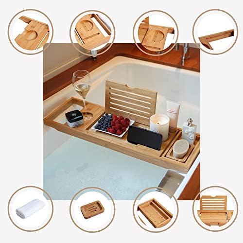 Bandeja de banheira de banheira de bambu ULUX, bandeja de banheira expansível para banho de luxo, inclui toalha de algodão,