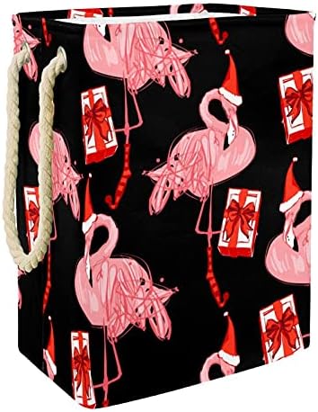 Cesta de lavanderia com alça de corda, fofo flamingo rosa com brinquedos de chapéu de natal e organização de roupas, cesto de lavanderia