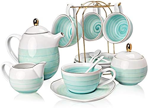 Conjuntos de chá de porcelana de sweejar, copos de 8 onças e colher de chá de pires de 4, com bule de chá de bule de açúcar