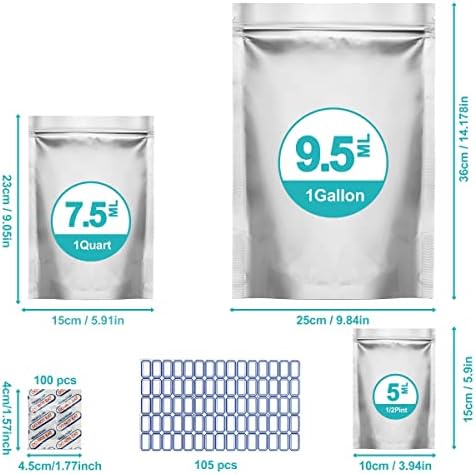 Jewa 100 Mylar Bags com absorvedores e rótulos de oxigênio para armazenamento de alimentos - 1 galão 25pcs - 1 litro 35pcs - ½ litro