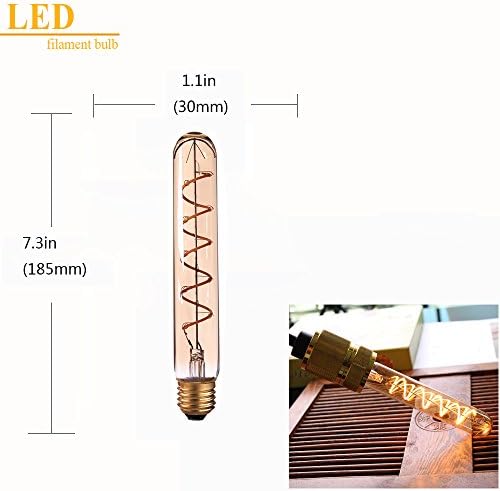 Century Light -Filamento Sprial flexível Led bulbo tubular vintage, 3 watts, forma de tubo T30, 2200k Base E26 Dimmable com vidro âmbar,