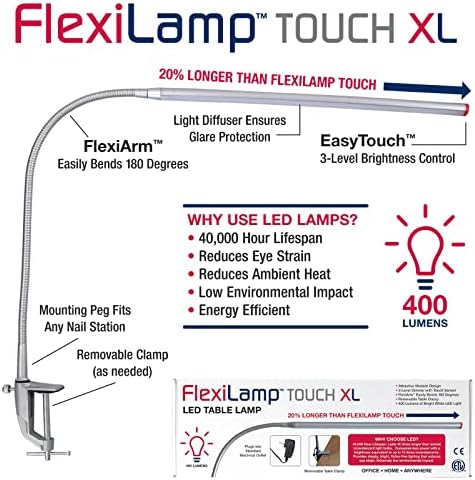 Americanils Flexilamp Touch XL - Lâmpada de mesa de mesa LED - Grampo removível - Iluminação ajustável para estações de unhas
