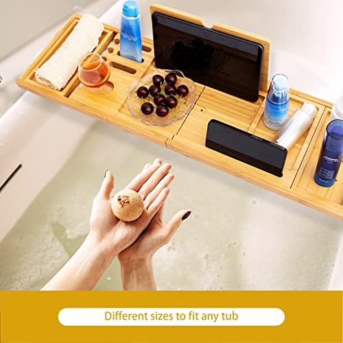 Bandeja de banheira de banheira de bambu Plkop S&R - bandeja de banho de luxo com suporte ajustável para vinho, livro e telefone -
