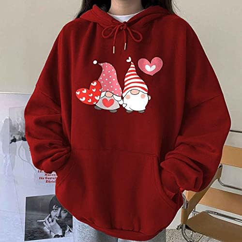 Capuz do Dia dos Namorados do Dia dos Namorados Gnome Heart Impresso Sweotshirts com bolsos Pullover casual de mangas compridas