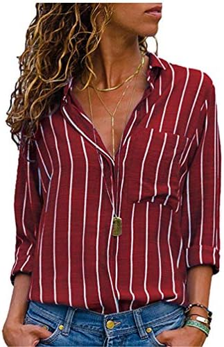 Andongnywell Bloups for Women Casual V Neck Stripe Butão de manga longa para cima camisas de chiffon