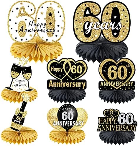 Feliz 60 anos decorações de aniversário Tabela Honeycomb peça central, 8pcs 60 material de festa de aniversário de