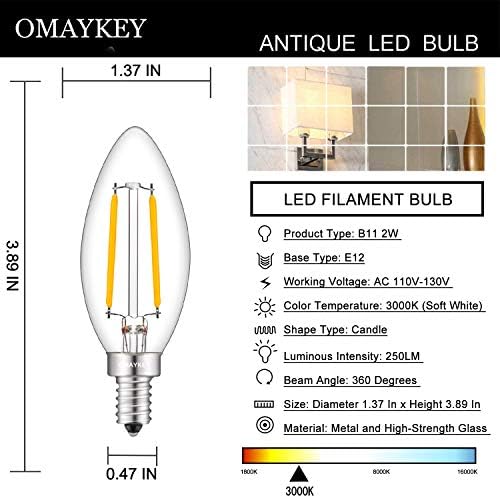OMAYKEY 2W LED Candelabra Bulb 25W equivalente a 3000k Branco macio de 250lm, lâmpadas de lustre de led de base