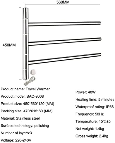 Aquecedor de toalhas, 48W Montagem de parede Aço inoxidável Banheiro constante Temperature