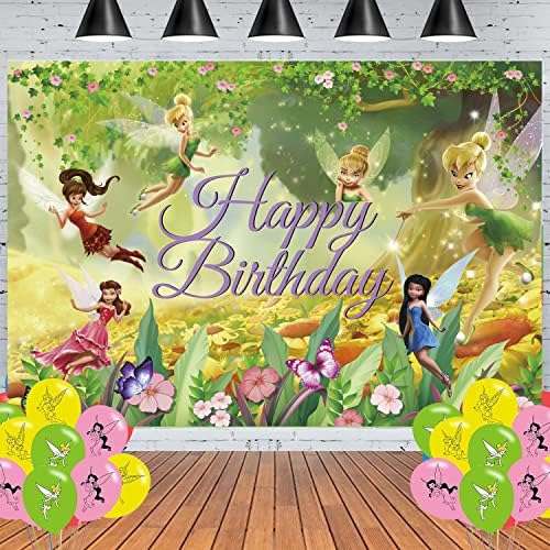 SAIAODI Tinkerbell Birthday Party Banner Beddrop, Decorações de festa de flores de fada para abastecimento de festas infantis Banner