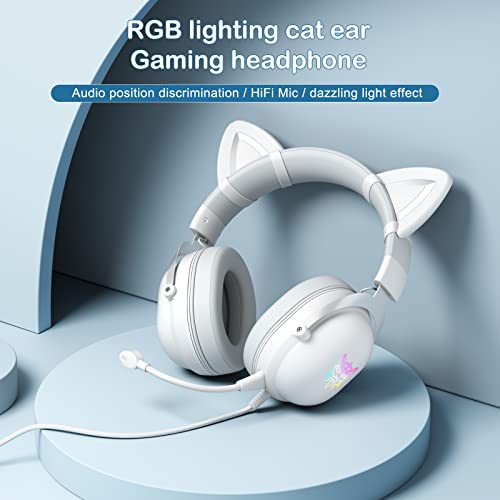 Fone de ouvido para jogos de holulu com orelhas de gatos removíveis, compatíveis com tablet para telefones celulares para PC,