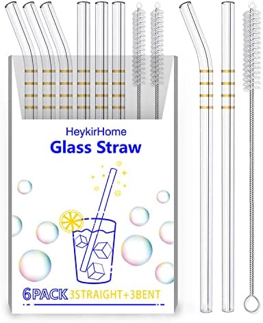 Heykirhome 6-Pack Reutilable Glass Strawold Circle, tamanho 8,5''x10 mm, incluindo 3 retas e 3 com 2 pincel de limpeza-perfeita