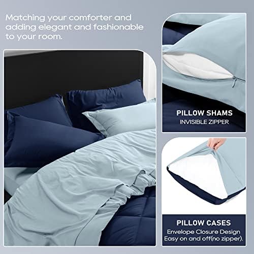 Cama do Downluxe em uma bolsa Twin -5 peças Twin Consolador com quadro marinho e azul reversível, farsa de travesseiro, lençol plano, folha ajustada e travesseiros todas as estações de roupas de cama.