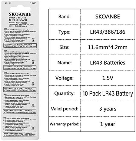 Skoanbe 10 pacote LR43 386 AG12 301 186 Baterias de célula de botão de 1,5V de 1,5V