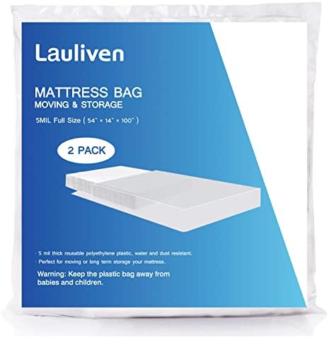 Lauliven 2 -Pack Mattress Bag for Moving - Bolsa de armazenamento de colchão em tamanho real - 5 mil de serviço pesado - Proteção de tampa de colchão extra grossa - 54 x 100 polegadas