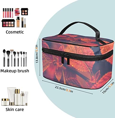 Saco de maquiagem pequeno, organizador cosmético da bolsa com zíper para mulheres e meninas, folhas vermelhas