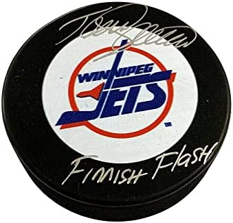 Teemu Selanne assinou o Winnipeg Jets Puck - Inscrição Finlandesa Flash - Pucks Autografados da NHL