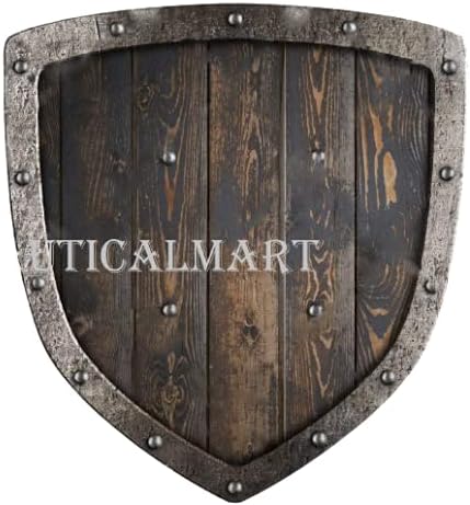 Escudo de madeira de madeira envelhecida na mart náutica Escudo de Vikings de madeira com moldura de metal - sca/larp/nórdico/noruega/antique/armadura