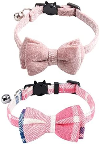 2pcs colarinho de gato rosa breakaway com campainha de bowtie, colar de gatinho de bling rosa rosa com gato de gato removível