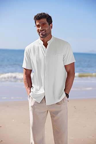 Coofandy masculino cubano Guayabera Camisas de linho casual Casual Manga Button Down Band Summer Summer Beach Tops