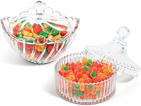Prato de doces de vidro grande coma com tampa （2 pacote, tigela de doces coberta de âmbar, jarro de doces de cristal para mesa de