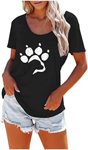 Tees gráficos fofos para mulheres Claw de gato de verão Print T camisetas casuais Blush de manga curta de manga curta com bolsos