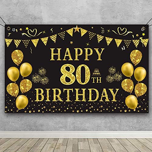 TRGOWAUL 80º aniversário de decoração de aniversário: Inclui 80º aniversário de aniversário, Gold Glittery Cheers para Banner de 80 anos, Pom Poms, 6pcs Sparkling 80 pendurando redemoinho e balões