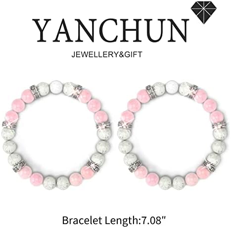 Yanchun 2 PCs Rose Bracelets de quartzo para mulheres Rose quartzo cristal + uivo branco + aromaterapia de lava branca ceducura cálculos