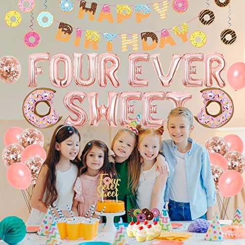Donuts Decorações de festas de 4º aniversário, quatro decorações de aniversário sempre doces para meninas com banner de feliz