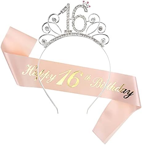 Yijunmca Sweet 16 Tiara e Sash Presentes de aniversário para menina Princesa Aniversário Bandeira da cabeça Rhinestone Tiara Crown