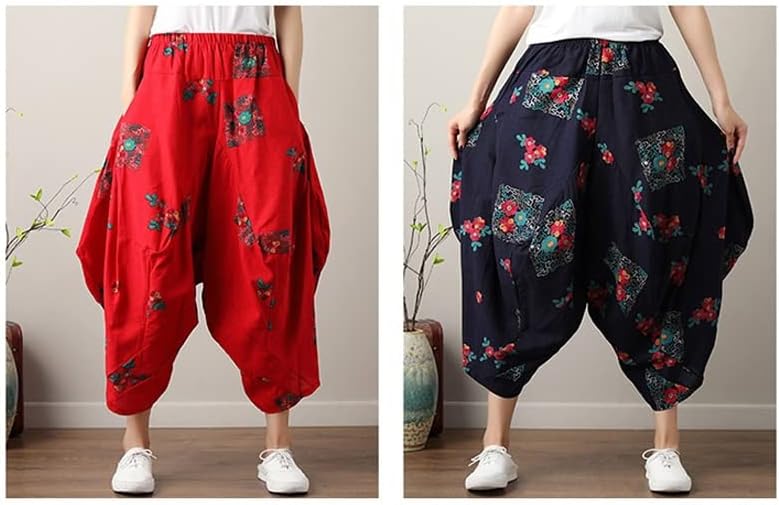 Uktzfbctw calças japonesas harém streetwear feminino cintura elástica étnica solta calça longa cor de perna larga 24 m