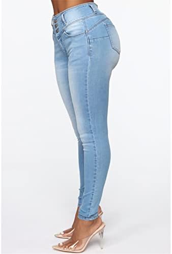Women High Rise 3 Button Jeans skinny Stretch Classic casual slim fit calça jeans levantando a bumbum cônico Jean Trouser