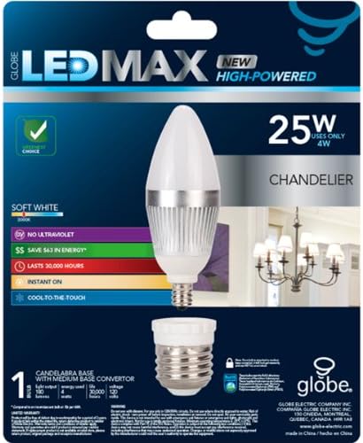 Globe Electric 7805101 lustre de 25 watts LED Max Base de candelabros de lâmpada de 4 watts com conversor de base média, branco