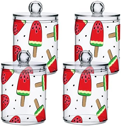 Yyzzh Watermelon Popsicle Summer Hora 4 Pack QTIP Dispensador de suporte para algodão Swab Ball Round Pads Floss 10 oz Jarço de