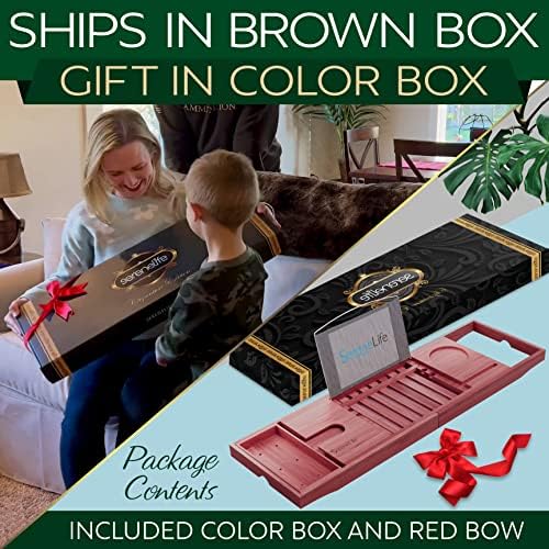 Caddy de banheira de bambu Serenelife com caixa de presente de luxo e fita de presença vermelha extensível e ajustável bandeja