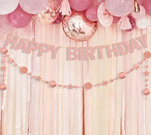 Banner de feliz aniversário de Ushinemi decorações de aniversário de ouro rosa para mulheres e meninas, Glitter Rose Gold Birthday