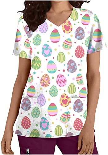 Camisetas de esfoliação da Páscoa feminina com bolsos ovos de bunny ovos gráficos de trabalho uniforme camisetas top