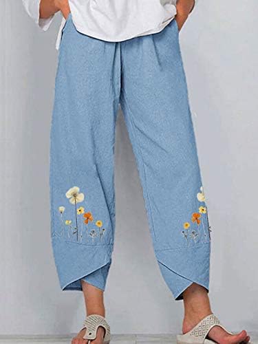 Annhoo calças de linho adolescente meninas adolescentes bordadas flor relaxada lounge flare flare perna larga cintura
