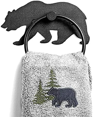 Suporte do anel de toalha, decoração de fazenda do país de urso rústico, montado na parede, suporte de toalha de mão para banheiro