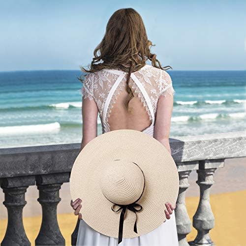 Chapéu de palha feminino largo aba praia chapéu de sol para mulheres upf 50+ férias de cinta ajustável