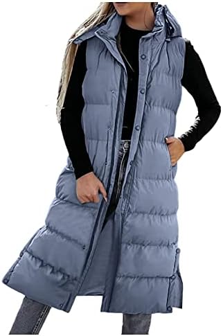 Casaco de inverno feminino, colete comprido feminino com capô de inverno leve longo longo colete de colete fino e sem mangas