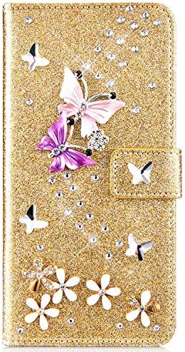 Ikasefu Compatível com iPhone 6 Plus/6s Plus Case Glitter Glitter Shiny Butterfly Rhinestone Floral Couather PU Diamond Flash
