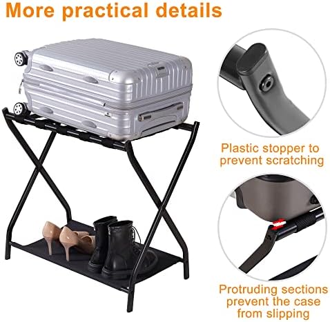 Heybly Rack de bagagem, suporte de mala dobrável de aço com prateleira de armazenamento para o quarto do quarto de hóspedes,
