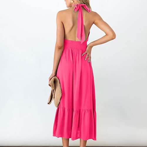 Vestido de praia sexy feminino 2023 Summer Halter Halter Cruzado Corte Backless Holiday A-Line Skirt Maxi Dress