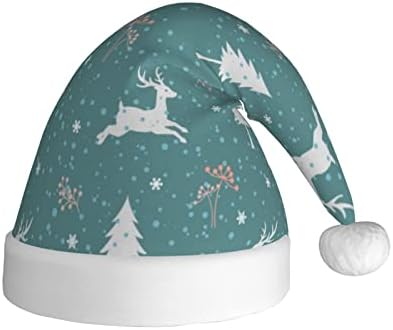 Padrão de Natal com veados na temporada de inverno no fundo azul de chapéu de Natal, pelúcia Papai Noel Hat para homens, Romance